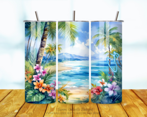 All sides of tumbler showing floral beach scene with vivid flowers and ocean waves

